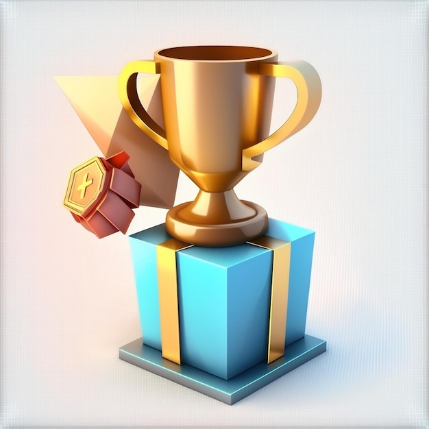 Фото Кубок 3d trophy с плавающими подарочными коробками и наградной медалью победитель с призом и золотым кубком ai генеративный