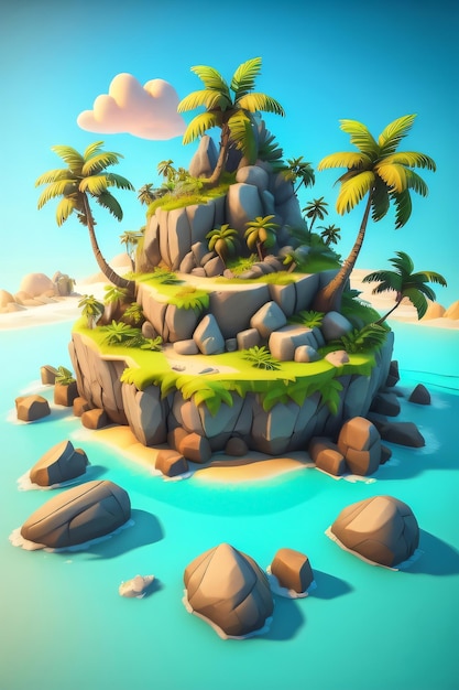 3D tropical island with palm trees and rocks clear summer sky background Generative Ai