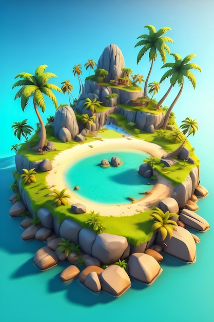 Foto isola tropicale 3d con palme e rocce sfondo cielo d'estate limpido generative ai