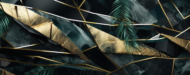 3d tropical leaves on emerald marble in black and white colors with gold elements background wallpa