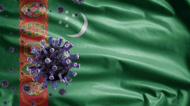 Foto 3d, bandiera del turkmenistan che sventola e concetto di coronavirus 2019 ncov. focolaio asiatico in turkmenia, coronavirus influenza come casi pericolosi di ceppo influenzale come una pandemia. virus del microscopio covid19