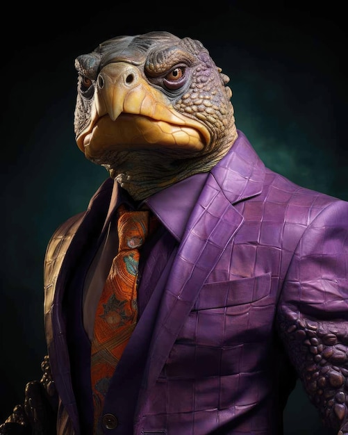 Photo 3d turtle in business suit with a human body looking serious with a dramatic studio background
