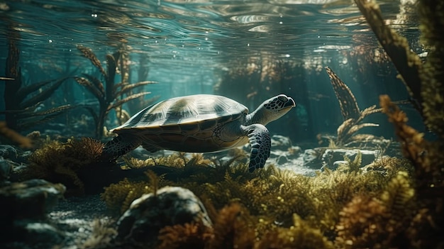 3D turtle illustration in the clear sea