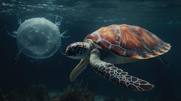 3D turtle illustration in the clear sea