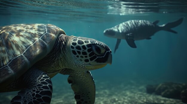 3d turtle illustration in the clear sea