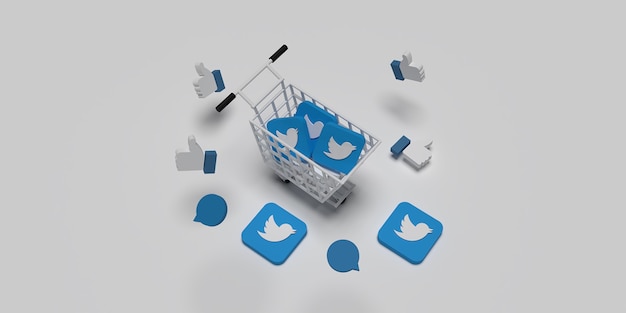 3d логотип twitter на тележке, как концепция креативной маркетинговой концепции с белой поверхностью