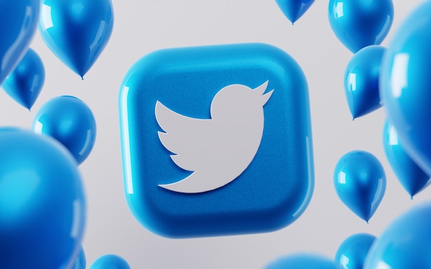 3d логотип Twitter с глянцевыми воздушными шарами