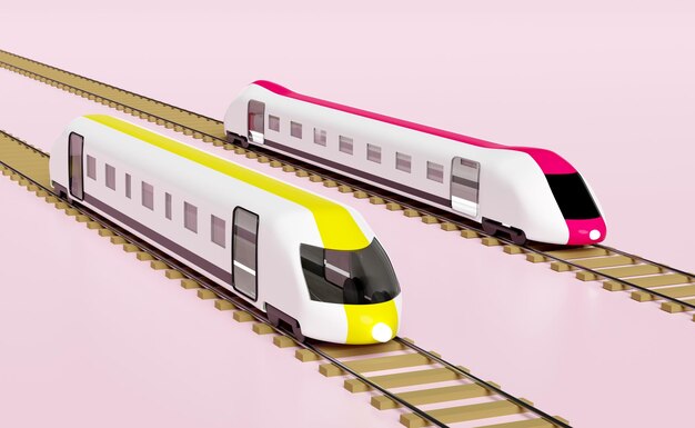 Photo 3d two bullet train cartoon with railroad tracks sky train transport toy summer travel service planning traveler tourism train isolated on pink background 3d render illustration clipping path