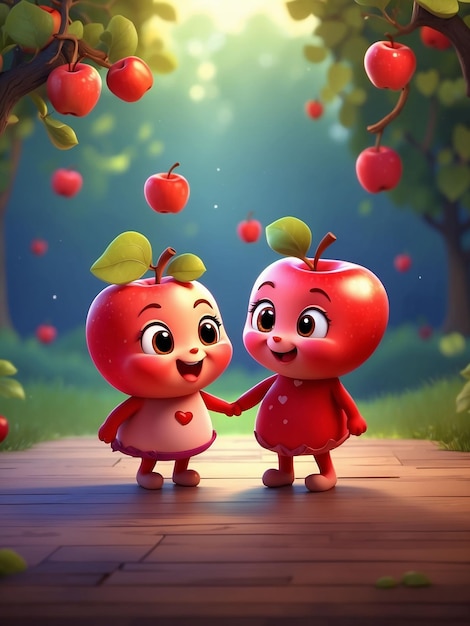 3d two cute funny apples