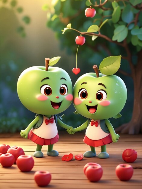 3d two cute funny apples