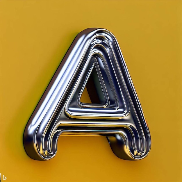 3d typography of the letter A on a yellow background chrome shiny texture ridges minimal 1