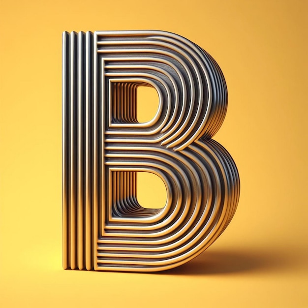 3d typography letter on a yellow background chrome shiny texture ridges minimal