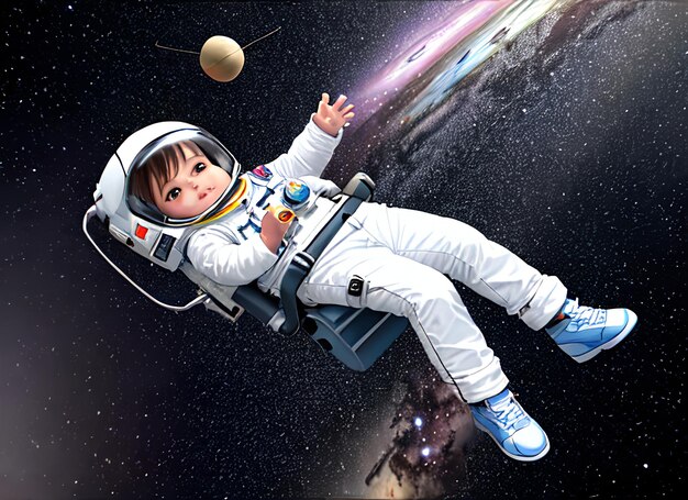 3D uiterst kleine schattige babyastronaut die op ruimteachtergrond vliegt