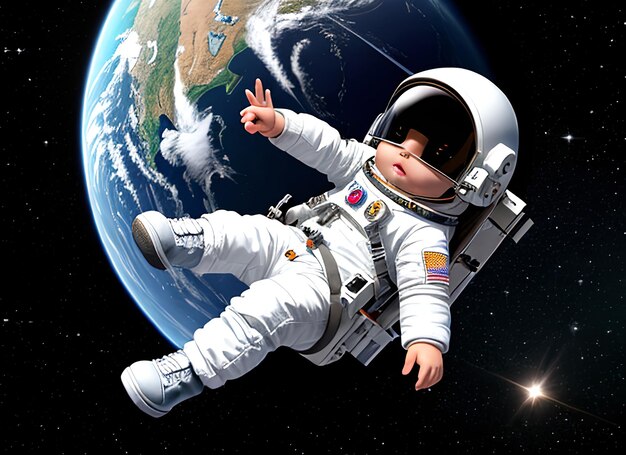 3D uiterst kleine schattige babyastronaut die op ruimteachtergrond vliegt