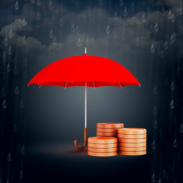 3d umbrella and gold coins financial savings concept