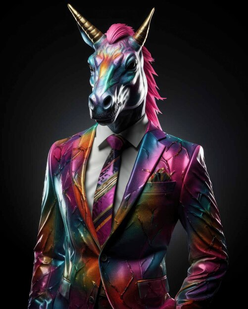 Premium Photo  3d unicorn in business suit with a human body looking  serious with a dramatic studio background