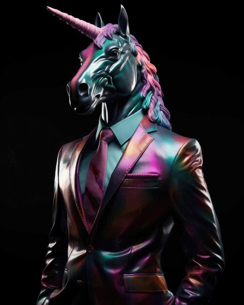 Premium Photo  3d unicorn in business suit with a human body looking  serious with a dramatic studio background