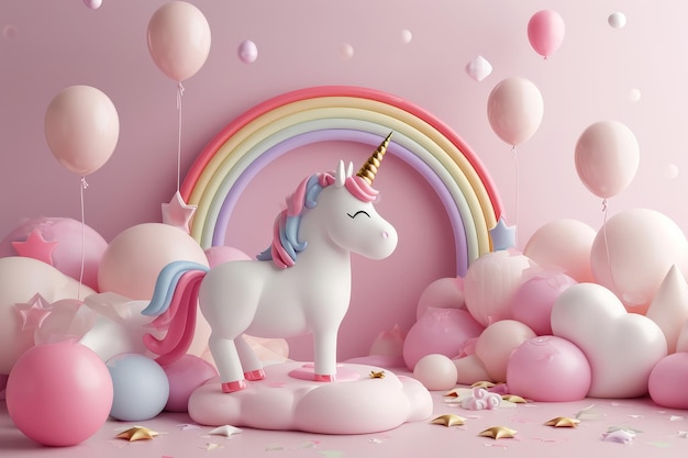 Foto unicorno 3d con palloncini e decorazione dell'arcobaleno