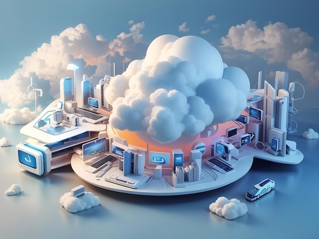 Уникальная 3D-концепция технологии облачных вычислений Футуристическая иллюстрация