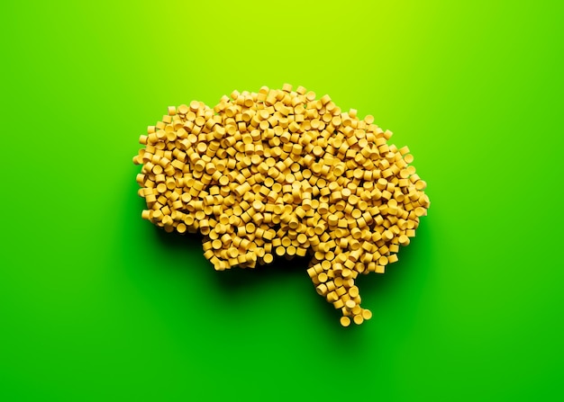 3d Unique Human Brain Made Of Yellow Plastic Polymers On Bright Green Background 3d Illustration