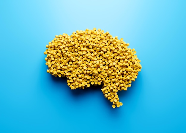 3d Unique Human Brain Symbol Made Of Yellow Plastic Polymers On Sea Blue Background 3d Illustration