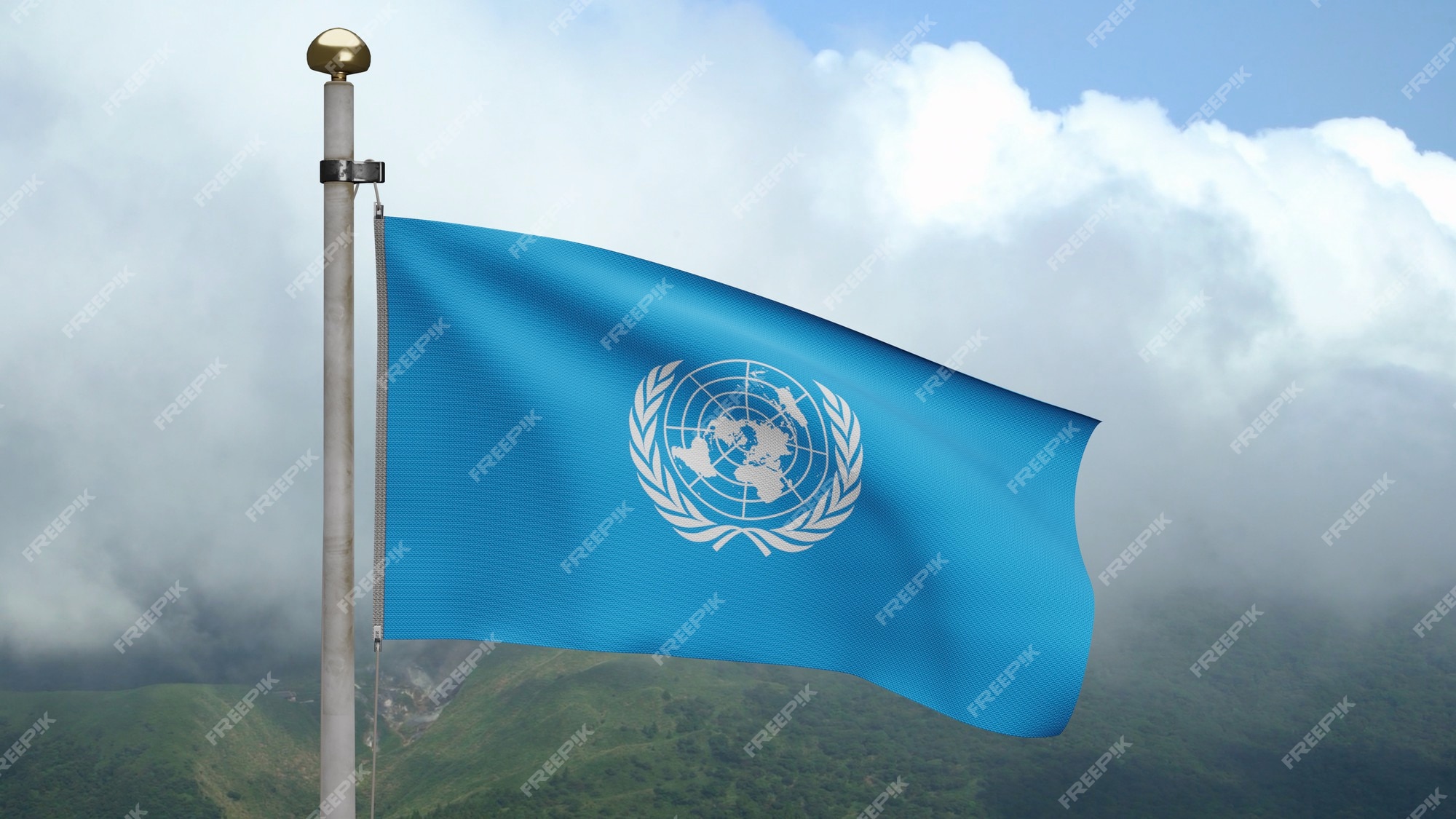 Premium Photo | 3d, united nations flag waving on wind at mountain. un  banner blowing soft silk. cloth fabric texture ensign background. use it  for national day and country occasions concept.