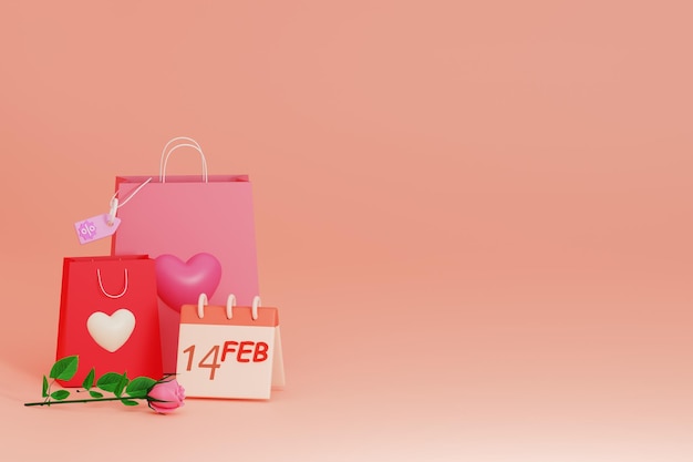 3d Valentine-achtergrond met zakken, kalender en roos, Valentine-dagachtergrond