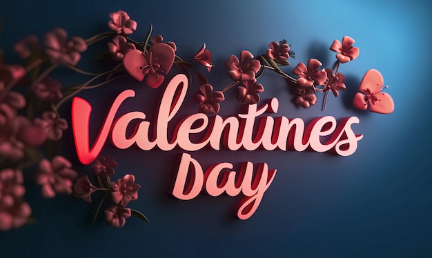 3d valentines day text on wall decorated with flowers and plants