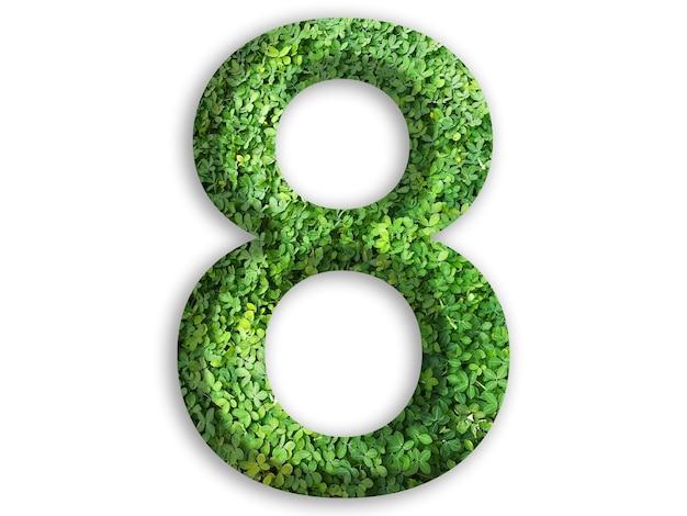3d van het getal 8 is gemaakt van groen gras op witte achtergrond ga groen concept