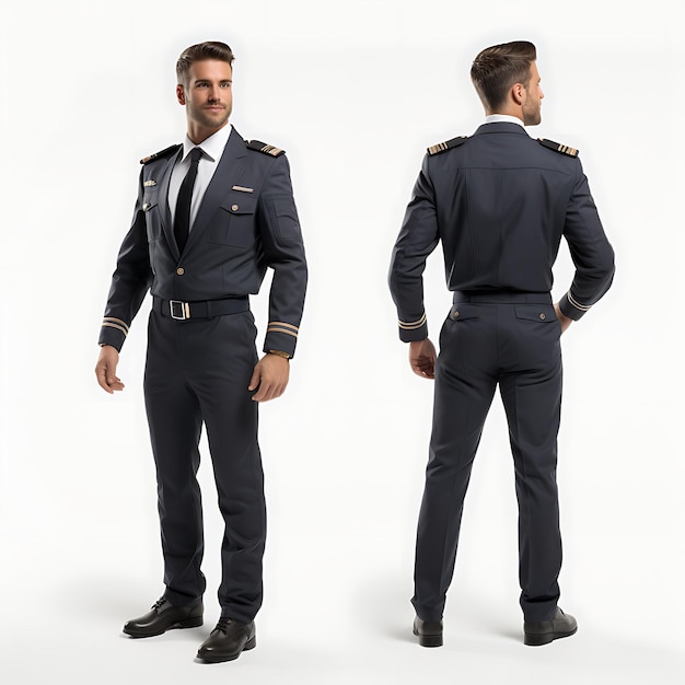 3D van luchtvaartpiloot Pilot Uniform die een zelfverzekerde en karakterommekeer op witte BG uitbeeldt