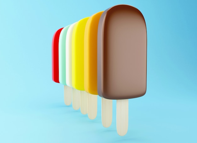 Photo 3d variety of popsicle on a light blue background.