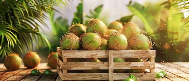 3D-векторное изображение группы кокосовых орехов на деревянном рынке с яркими цветами