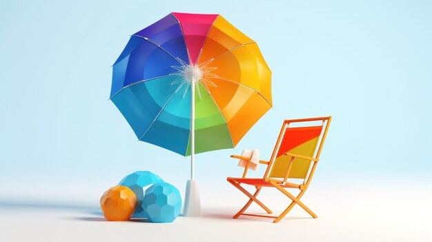Foto 3d vector beach chair yellow umbrella and ball zomervakantie tijd om te reizen concept
