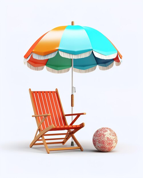 3d Vector Beach Chair Yellow Umbrella and Ball Summer holiday Time to travel concept