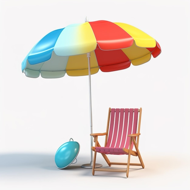 3d 터 해변 의자 노란 우산과 공 여름 휴가 여행 개념에 대한 시간