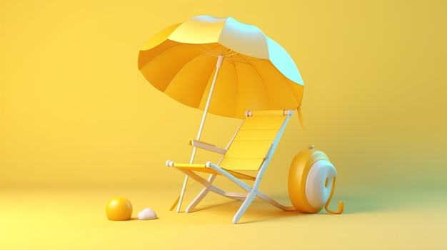3d vector beach chair yellow umbrella and ball summer holiday time to travel concept