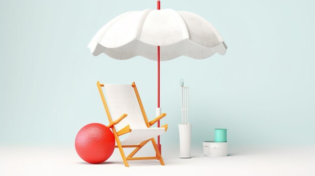 3d vector beach chair yellow umbrella and ball summer holiday time to travel concept