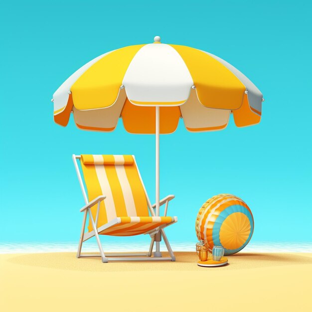 3d Vector Beach Chair Yellow Umbrella and Ball