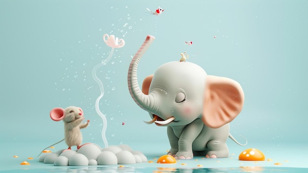 3D vector design of an elephant and mouse playing with a water sprinkler joyous summertime vibe