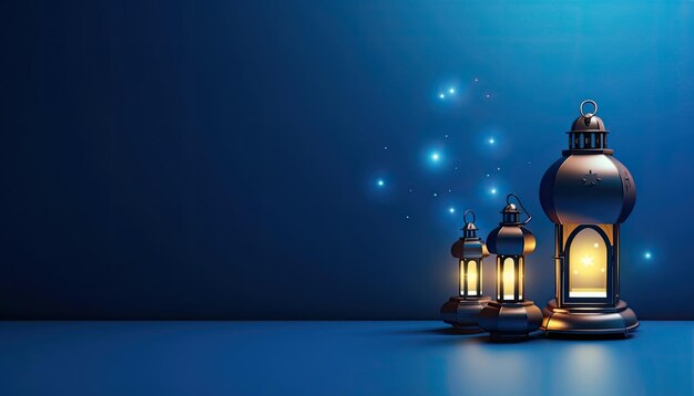 3D-vector realistische eenvoudige blauwe islamitische ramadan kopie ruimte achtergrond met lantaarn