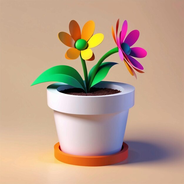 Foto 3d-vectorweergave van een 3d-bloem in een pot