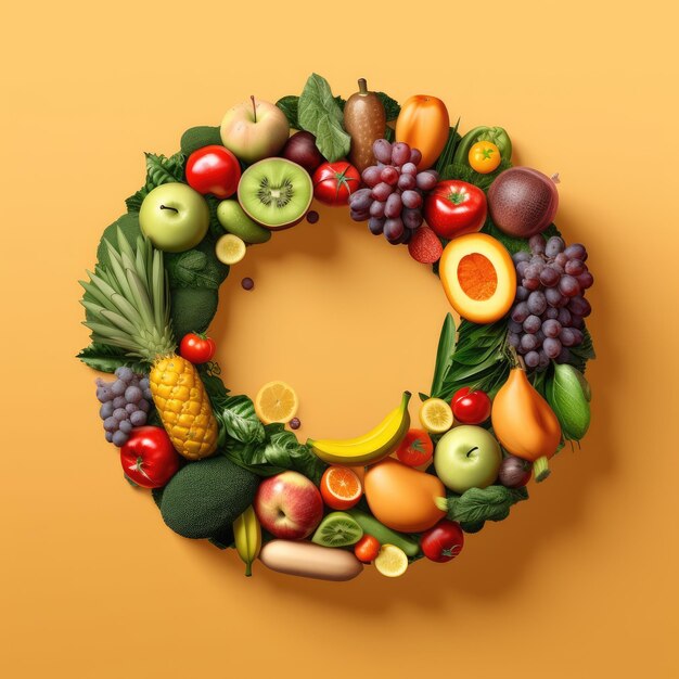 3d vegetables and fruits inside a circle
