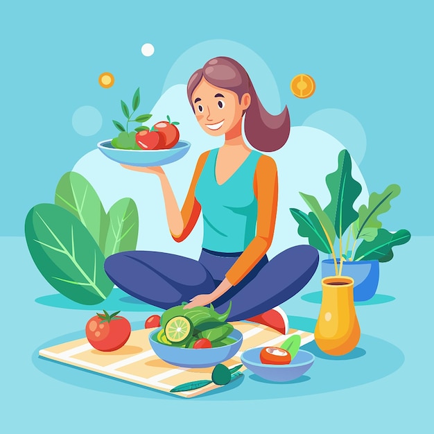 Photo 3d vegetarian concept with healthy fresh diet showing a woman eating salad bowl of greens and making a choice set of vector illustrations