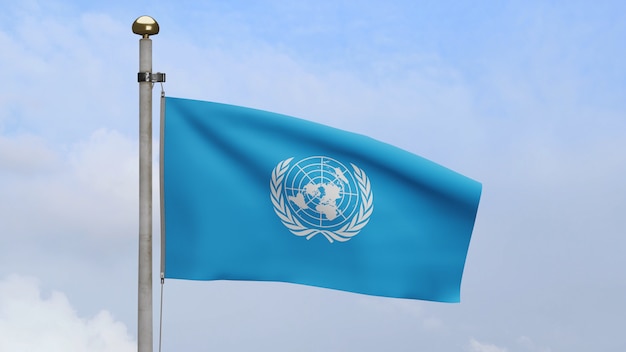 3D, Verenigde Naties vlag zwaaien op wind met blauwe lucht en wolken. VN-banner waait zachte zijde. Doek stof textuur vlag achtergrond. Gebruik het voor het concept van nationale dag en landgelegenheden.