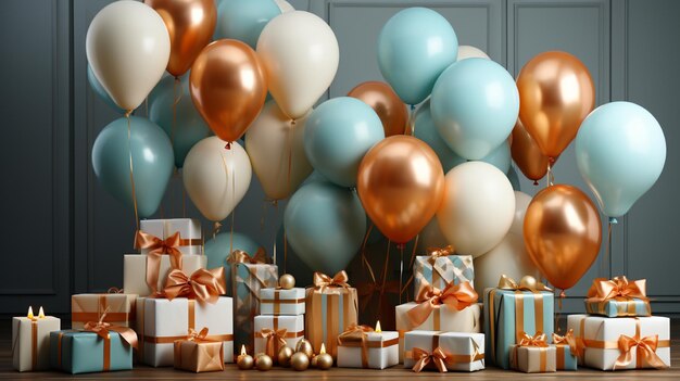 Foto 3d verjaardagsfeest achtergrond met ballonnen en geschenken