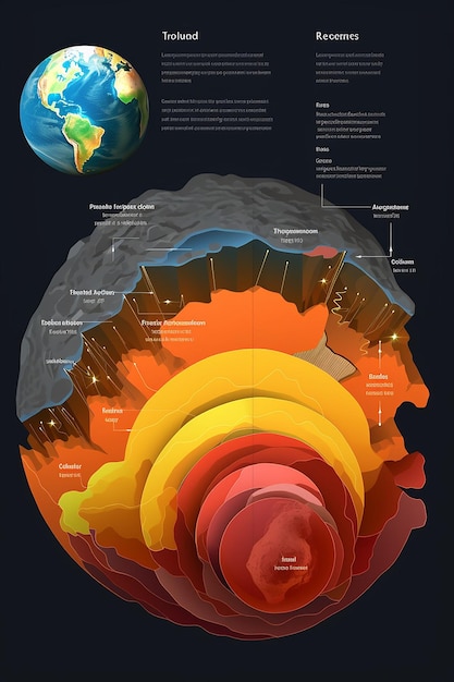 3D vibrant digital mural that showcases a crosssection of the Earth from core to atmosphere