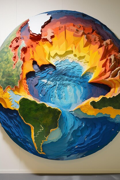 3D vibrant digital mural that showcases a crosssection of the Earth from core to atmosphere