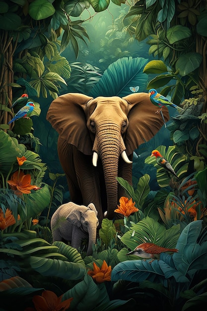 a 3D vibrant jungle scene with a diverse array of animals like elephants