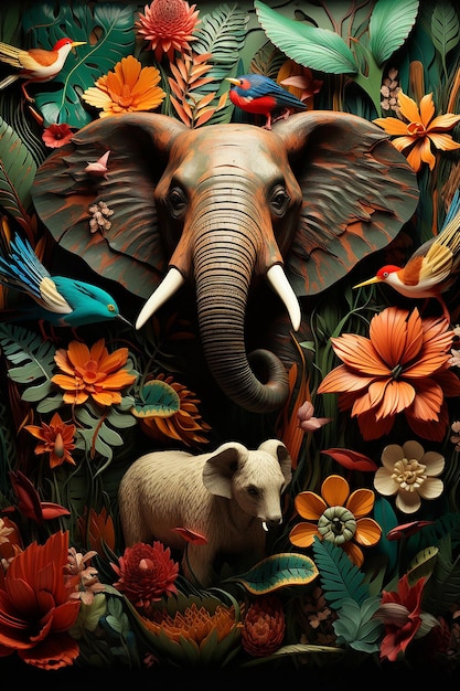 3D живой джунгли с разнообразными животными, такими как слоны