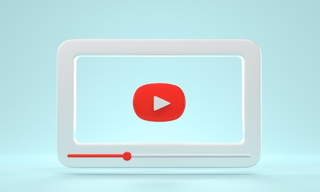 3D Video player with red button and white window interface front view Social media concept online watching video or music on channel website Minimal page design on blue background 3D render mockup